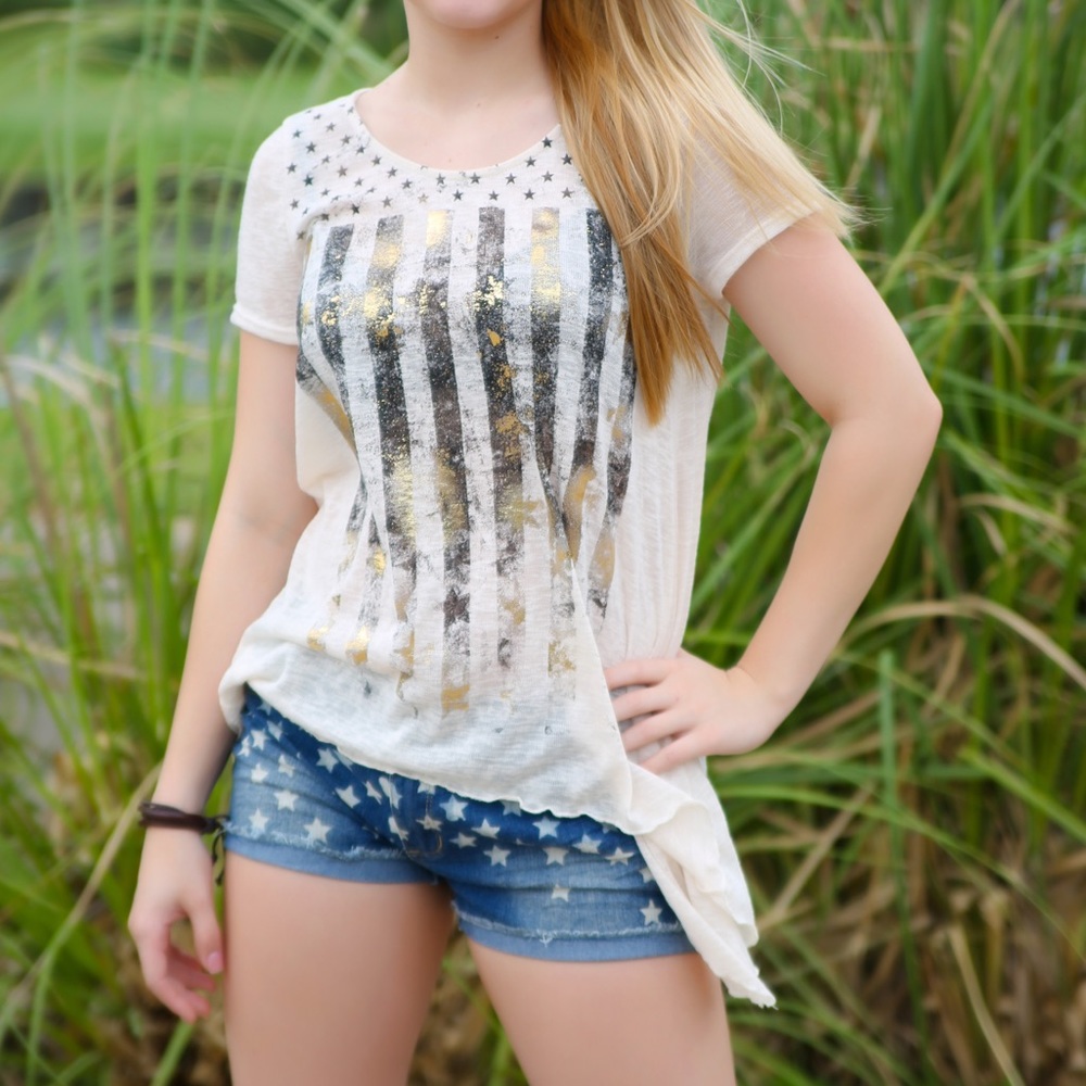 Americana Flag Shirt Cream color-S-M-L Made in USA